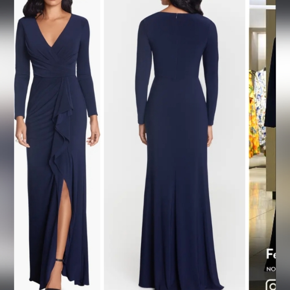 Betsey Adam Navy Cascade Ruffle L/S Stretch Jersey Gown